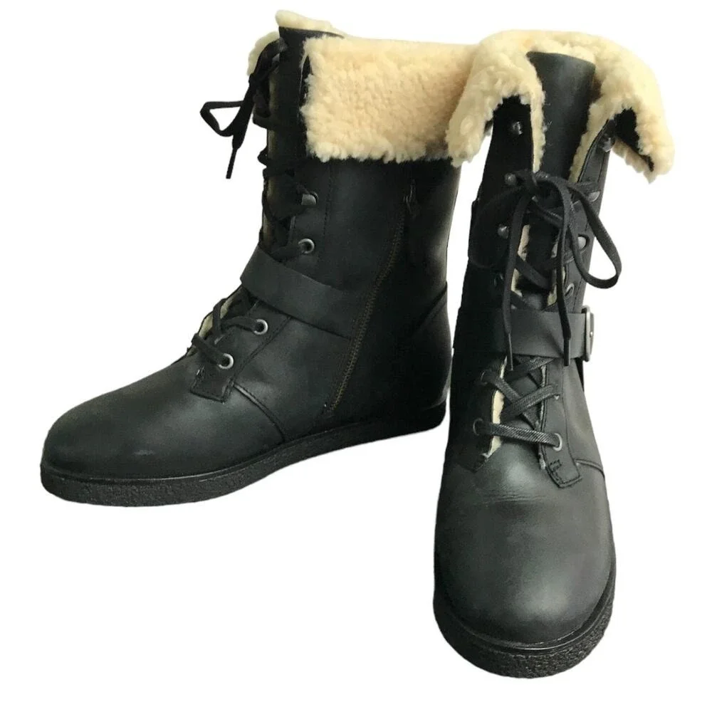 Koolaburra Boots Women 9 Gorpcore Leather Shearling Lined Lace‎ Up Side Zip Cozy